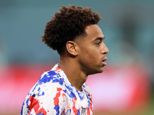 DOHA, QATAR - DECEMBER 03: Tyler Adams of United States warms up prior to the FIFA World Cup Qatar 2022 Round of 16 match between Netherlands and USA at Khalifa International Stadium on December 03, 2022 in Doha, Qatar. (Photo by Elsa/Getty Images)