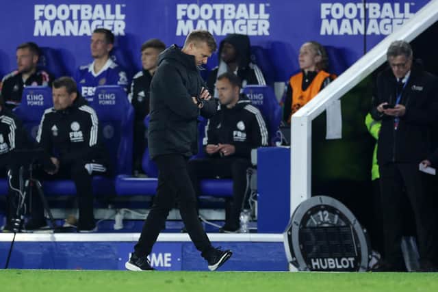 LEICESTER, ENGLAND - OCTOBER 20: Jesse Marsch, Manager of Leeds United, looks on during the Premier League match between Leicester City and Leeds United at The King Power Stadium on October 20, 2022 in Leicester, England. (Photo by Eddie Keogh/Getty Images)