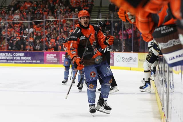 PARTY TIME: Ryan Tait celebrates his first period goal against Fife on Sunday. Picture: Hayley Roberts/Steelers Media.