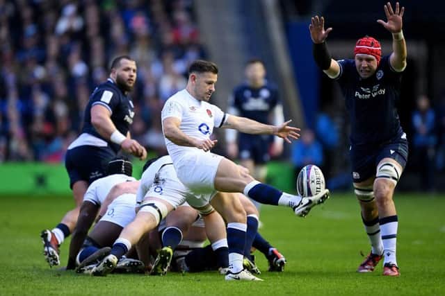 Danny Care of England kicks the ball clear out of the ruck whilst under pressure from Grant Gilchrist of Scotland during the Guinness Six Nations 2024 match between Scotland and England (Picture: Stu Forster/Getty Images)