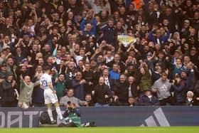 JUMPING FOR JOY: Daniel James celebrates scoring Leeds United's third goal, his second