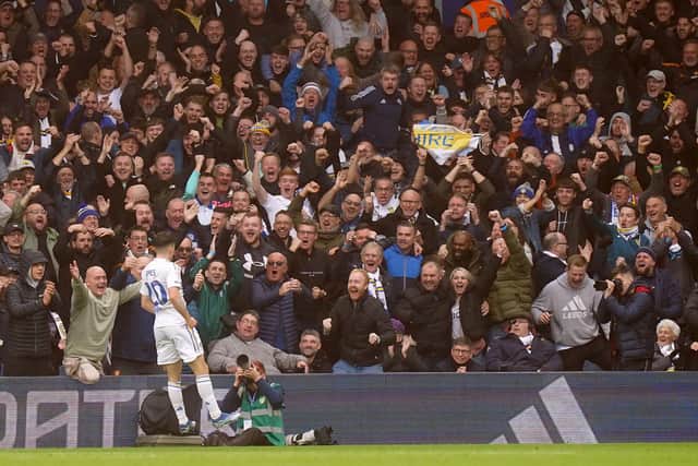 JUMPING FOR JOY: Daniel James celebrates scoring Leeds United's third goal, his second