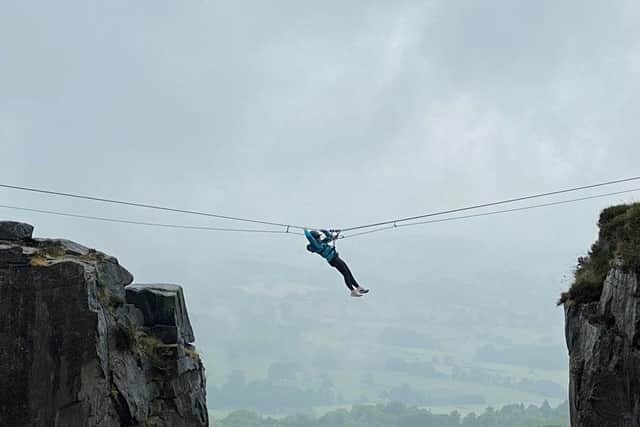 Helen Skelton attempting the Tyrolean Traverse at Cow and Calf Rocks in the show. (Pic credit: Channel 5)