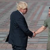 Ukrainian President Volodymyr Zelensky shakes hands with the then British Prime Minister Boris Johnson on August 24, 2022 in Kyiv, Ukraine. PIC: Alexey Furman/Getty Images