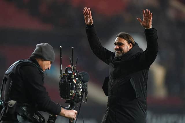 CENTRE STAGE: Leeds United manager Daniel Farke celebrates in front of the travelling fans after his team's 1-0 win over Bristol City at Ashton Gate Picture: Bradley Collyer/PA.