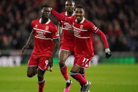 Middlesbrough's Emmanuel Latte Lath celebrates scoring their side's second goal of the game during the Sky Bet Championship match against Leeds United. Picture: Owen Humphreys/PA Wire.