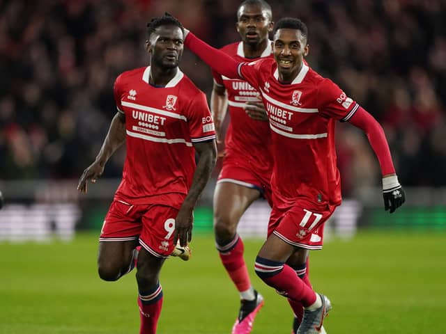 Middlesbrough's Emmanuel Latte Lath celebrates scoring their side's second goal of the game during the Sky Bet Championship match against Leeds United. Picture: Owen Humphreys/PA Wire.