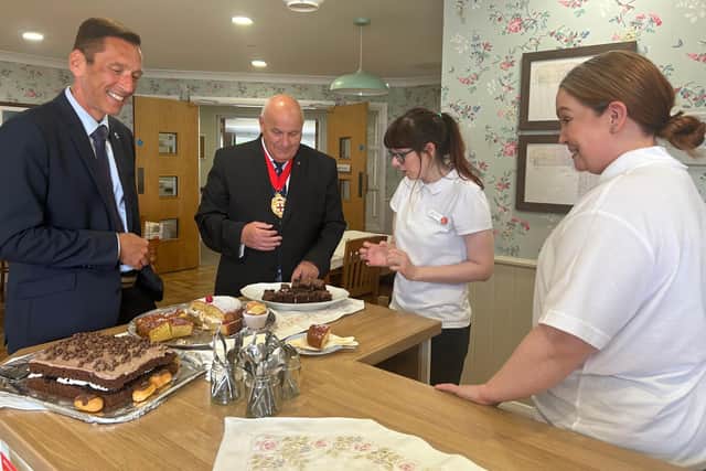 Martin Rowley, the Lord Mayor of York, and Mr David Smith, The Sheriff’s Consort with colleagues at HC-One’s Handley House Care Home during Care Home Open Week 2025