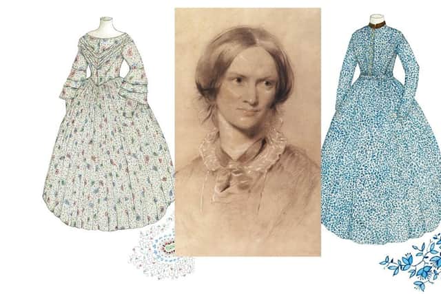 From left: Charlotte Brontë’s Thackeray dress, Illustrated by Eleanor Houghton, highlighing the vibrancy of the blue and white printed alpaca cloth woven by Sir Titus Salt in Bradford. Charlotte Bronte (1816-1855), drawing by George Richmond. (Photo by Apic/Getty Images). Charlotte Brontë’s ‘Paisley Dress’ © Eleanor Houghton, 2023. The dress is currently on show at the Bronte Parsonage Museum. Drawing from Charlotte Brontë’s Life Through Clothes by Eleanor Houghton (£25, Bloomsbury).