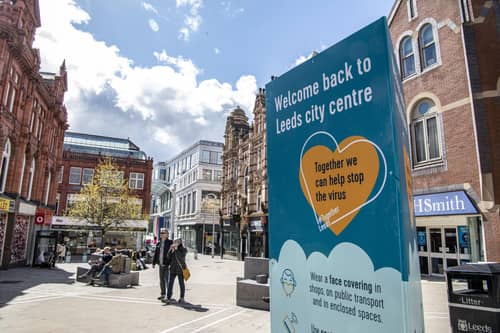 Signage on Lands Lane in 2021 to welcome back shoppers as retail opened its doors following the Covid lockdown. PIC: Tony Johnson
