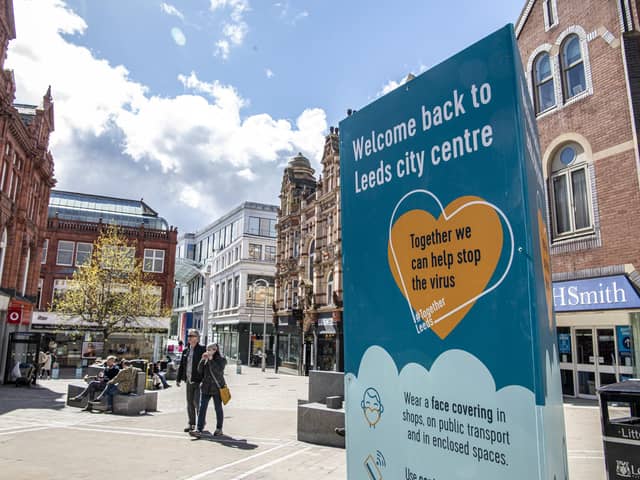 Signage on Lands Lane in 2021 to welcome back shoppers as retail opened its doors following the Covid lockdown. PIC: Tony Johnson