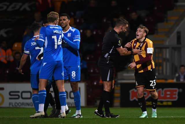 AGGRO: Bobby Pointon was one of five Bradford City players booked in the first half (Image: Jonathan Gawthorpe)
