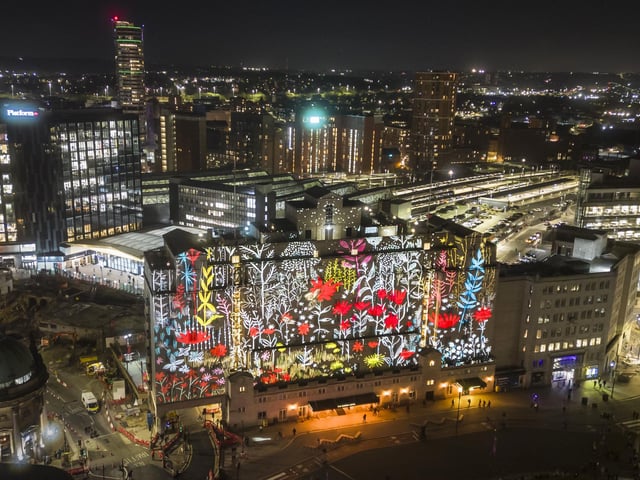 Light and sound installation Sylvan Quiet by artist Novak, is projected on to the Queens Hotel in Leeds as part of Light Night Leeds, the UK's largest annual arts and light festival. Photo credit: Danny Lawson/PA Wire