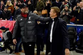 SALZBURG, AUSTRIA - DECEMBER 10, 2019: Jurgen Klopp Manager of Liverpool with Jesse Marsch Manager of  RB Salzburg during the UEFA Champions League group E match between RB Salzburg and Liverpool FC at Red Bull Arena on December 10, 2019 in Salzburg, Austria. (Photo by Andrew Powell/Liverpool FC via Getty Images)
