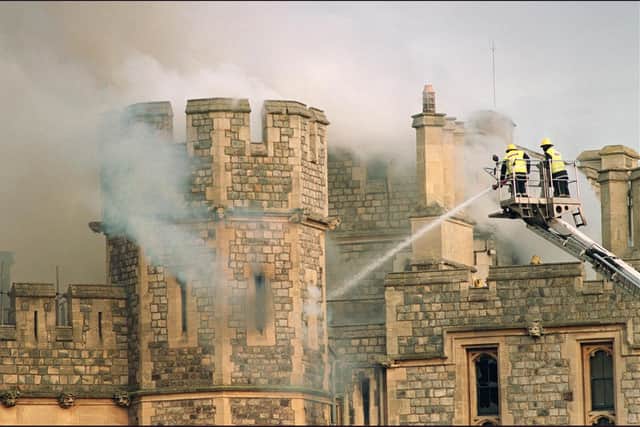 Firefighters battled a huge blaze at Windsor Castle, a royal residence 30 miles (48 kilometres) west of London, 20 November 1992. The blaze, that reportedly started in the private St. George's Chapel, caused extensive damage.