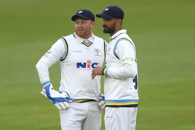 Brains trust: Jonny Bairstow and Shan Masood deep in conversation. Photo by Stu Forster/Getty Images.