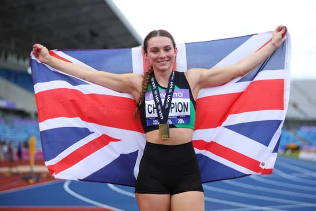 British double: Lucy Hadaway of City of York AC poses for a photo with the national flag following her victory in the Women's Long Jump Final on day two of the UK Athletics Championships at Alexander Stadium on June 21, 2026 (Picture: Ed Sykes/Getty Images)