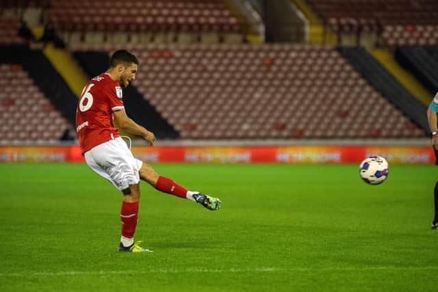 Ziyad Larkeche scores Barnsley's second goal against Newcastle with a brilliant free kick. Picture: Bruce Rollinson