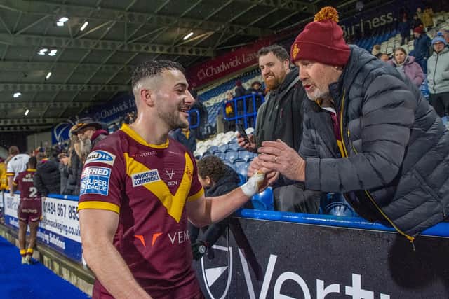 Jake Connor thanks the fans after a win over Catalans. (Photo: Olly Hassell/SWpix.com)