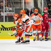 TAKE THAT: Marc-Olivier Vallerand celebrates the first of his two goals in Sheffield Steelers' 5-1 win at second-placed Cardiff Devils on Wednesday night. Picture: James Assinder/EIHL Media.