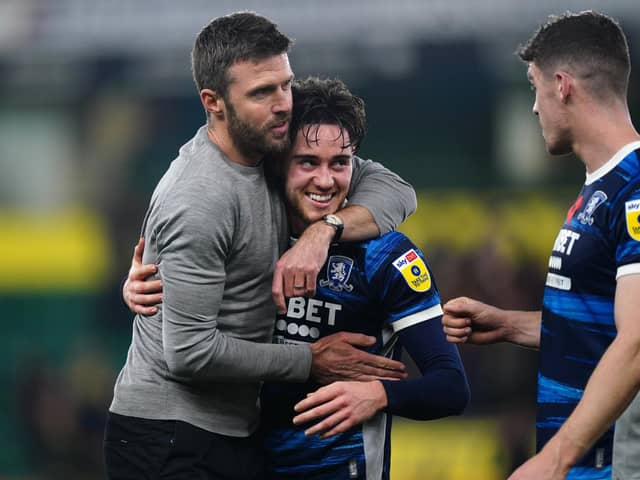 Middlesbrough manager Michael Carrick with Hayden Hackney following the Sky Bet Championship match at Carrow Road, Norwich. Picture: Mike Egerton/PA Wire.