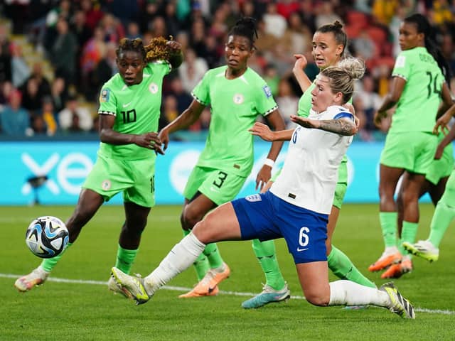 MOVE ON: England's Millie Bright goes close to scoring in the World Cup last 16 clash against Nigeria at Brisbane Stadium. Picture: Zac Goodwin/PA