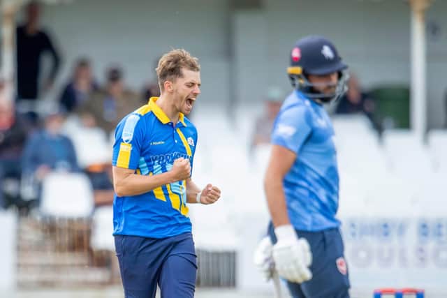 Ben Coad celebrates the wicket of his former Yorkshire team-mate Jack Leaning during an outstanding spell of bowling at North Marine Road. Picture by Allan McKenzie/SWpix.com