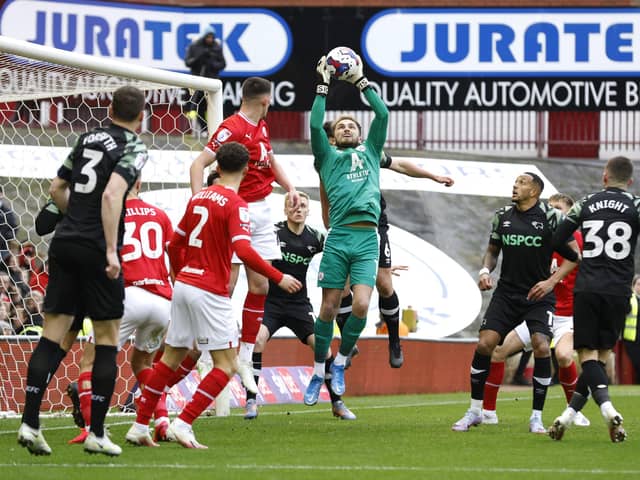 Made four saves and five claims a Barnsley thumped Derby 4-1.