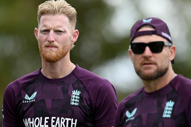 Ben Stokes, left, and Brendon McCullum. Photo by Gareth Copley/Getty Images.