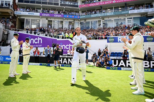 Stuart Broad of England walks out to bat in his last test match, after announcing his retirement from cricket yesterday prior to Day Four of the LV= Insurance Ashes 5th Test, and was given a guard of honour by Australia's players (Picture: Gareth Copley/Getty Images)