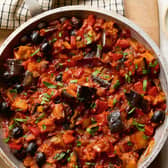 This is a handout photo of Mary Berry's aubergine caponata from Mary's All in One - My Favourite One Pan, One Pot, One Dish Recipes.