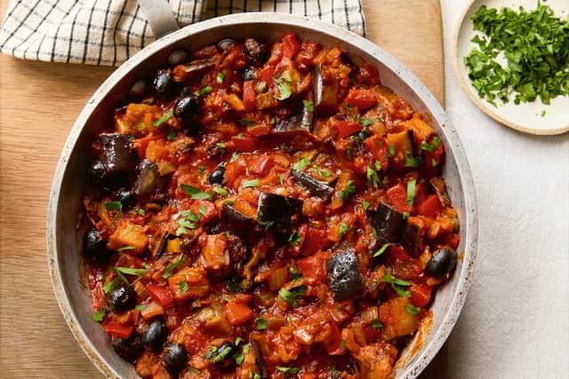 This is a handout photo of Mary Berry's aubergine caponata from Mary's All in One - My Favourite One Pan, One Pot, One Dish Recipes.
