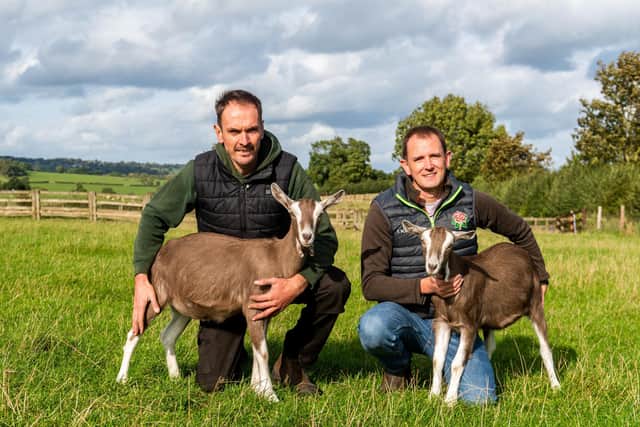 Sheep and goat farmer Del Knowles, (left) a farm worker on Holt Farm, near Arthington with his partner Nathan Mellor,