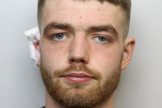 Samuel Hemingway, 24, who has been jailed after he sliced off his ear and used the flesh to scrawl a chilling threat in blood across his ex-partner's hallway.