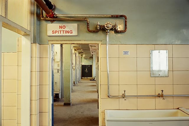 The shower block at a derelict steel mill.