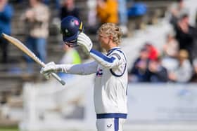 Will Luxton celebrates his maiden first-class century at Scarborough on Friday. Picture by Allan McKenzie/SWpix.com