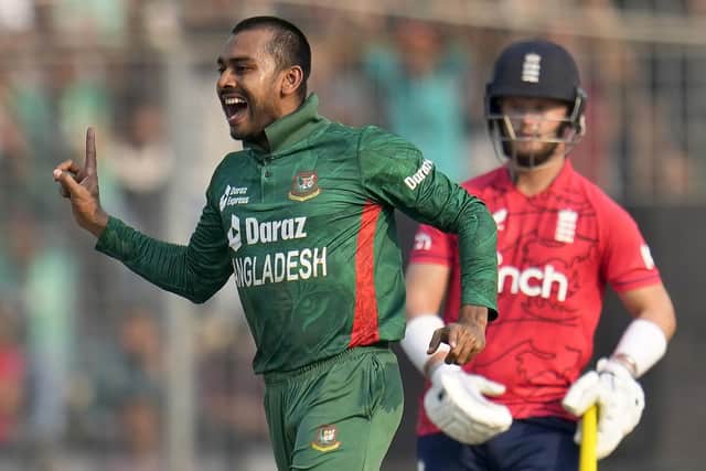 Matchwinner: Bangladesh’s Mehidy Hasan Miraz celebrates the dismissal of England’s Chris Woakes as  Ben Duckett looks on (AP Photo/Aijaz Rahi)