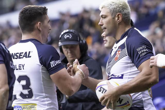 Ryan Hall, right, is congratulated by Victor Radley on scoring a try against France. (Picture: Allan McKenzie/SWpix.com)