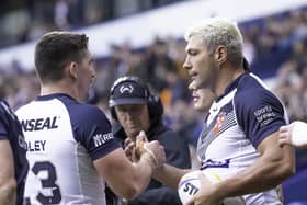 Ryan Hall, right, is congratulated by Victor Radley on scoring a try against France. (Picture: Allan McKenzie/SWpix.com)