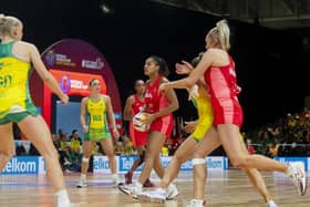 GREAT DAYS: England's Imogen Allison (centre) in action against Australia during the 2023 Netball World Cup final in Cape Town in August. Picture: PA