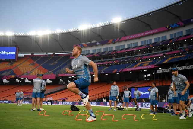 Jonny Bairstow is put through his paces at the Narendra Modi Stadium in Ahmedabad, where England begin their World Cup defence. Photo by Gareth Copley/Getty Images.