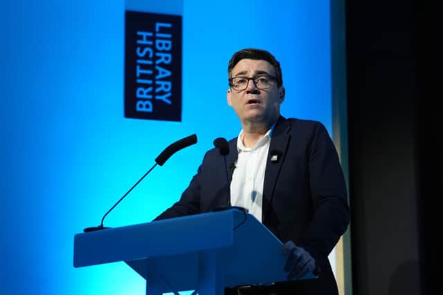 Greater Manchester Mayor Andy Burnham delivers a speech. PIC: Jonathan Brady/PA Wire