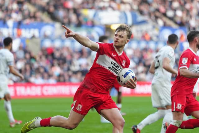 Middlesbrough's Tommy Conway celebrates scoring their side's first goal of the game during the Sky Bet Championship match at the Swansea.com Stadium. Picture date: Monday April 6, 2026. PA Photo. Photo credit should read: David Davies/PA Wire.