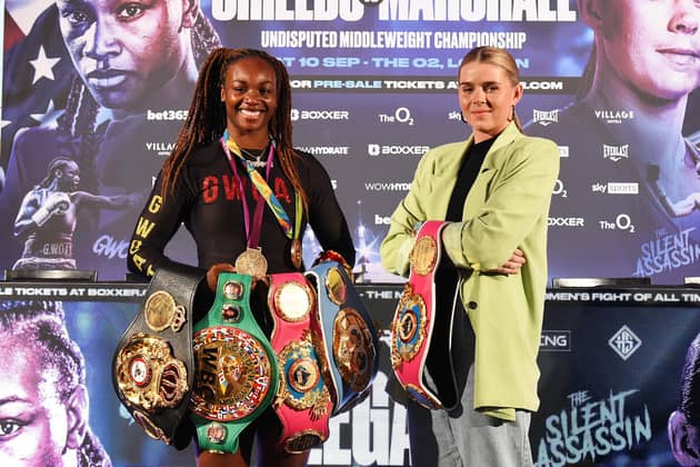 LONDON, ENGLAND - JULY 05: Claressa Shields and Savannah Marshall pose for a photo during the Claressa Shields v Savannah Marshall BOXXER Press Conference at The Banking Hall on July 05, 2022 in London, England. (Photo by Tom Dulat/Getty Images)