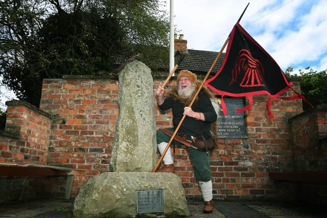 The Stamford Bridge Festival Society are holding a festival on September 30th, with reenactments and battles on its land at the site. Pctured at the battle memorial Steve Mercer.
Photographed for the Yorkshire Post by Jonathan Gawthorpe.