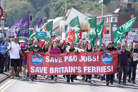File photo dated 19/04/22 of people protesting outside Maritime House, in Dover, after P&O Ferries sacked nearly 800 workers without notice on March 17. The Insolvency Service has determined P&O Ferries will not face criminal proceedings over its actions in firing almost 800 workers earlier this year. Picture: Gareth Fuller/PA Wire