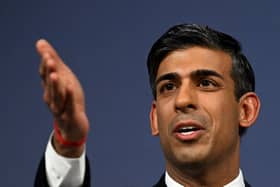 Rishi Sunak speaks during a press conference following the launch of new legislation on migrant channel crossings at Downing Street