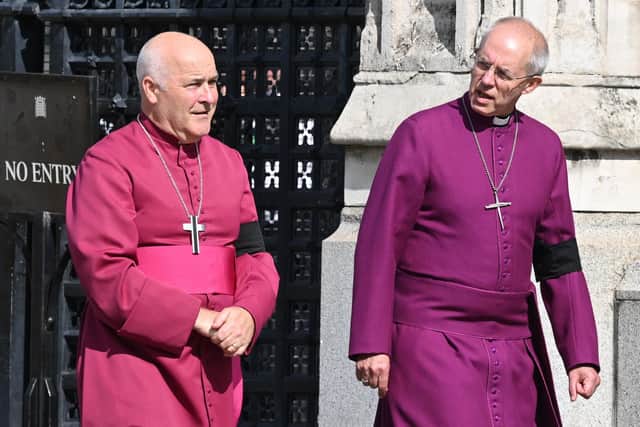 Archbishop of York Stephen Geoffrey Cottrell (left) and The Archbishop of Canterbury Justin Welby outside Westminster Hall, London ahead of the arrival of the coffin of Queen Elizabeth II from Buckingham Palace. Picture date: Wednesday September 14, 2022.