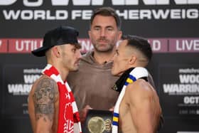SHEFFIELD, ENGLAND - OCTOBER 06: Leigh Wood and Josh Warrington face off ahead of their fight during the Leigh Wood v Josh Warrington Weigh-In at The Cutler's Hall on October 06, 2023 in Sheffield, England. (Photo by George Wood/Getty Images)
