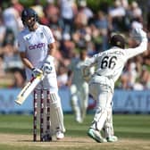 Not this time: New Zealand's wicketkeeper Tom Blundell, right, celebrates the wicket of England's Joe Root during day three of the first cricket Test match between New Zealand and England (Picture: MARTY MELVILLE/AFP via Getty Images)